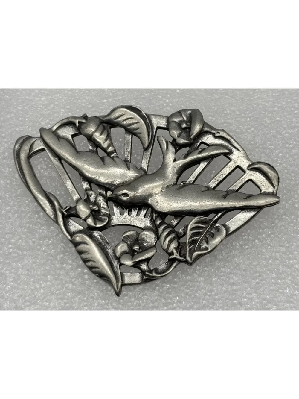 Vintage Bird in Flight Floral Fan Brooch Seagull Pewter Canada Late 1980s Signed